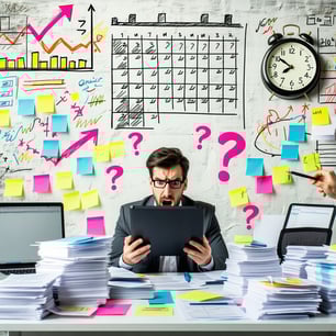 The image features a cluttered desk overflowing with stacks of project papers, colorful sticky notes, and open laptops displaying graphs and project t